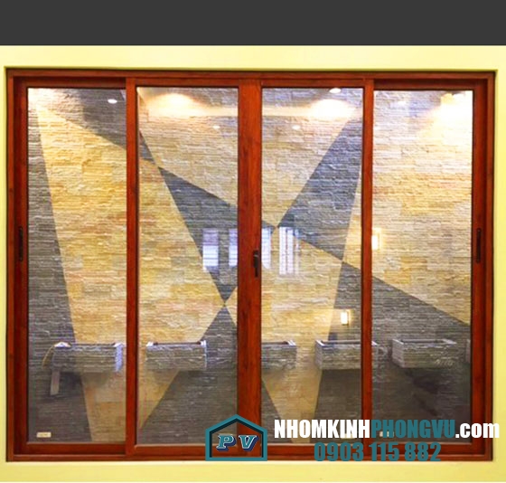 Cửa nhôm xingfa 4 cánh mở lùa trượt màu vân gỗ